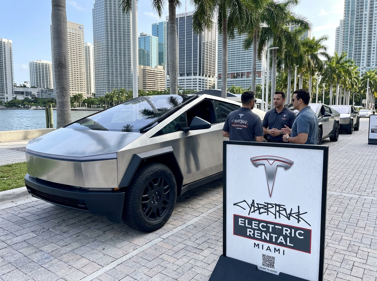 Tesla logo for Tesla Cybertruck electric rental Miami