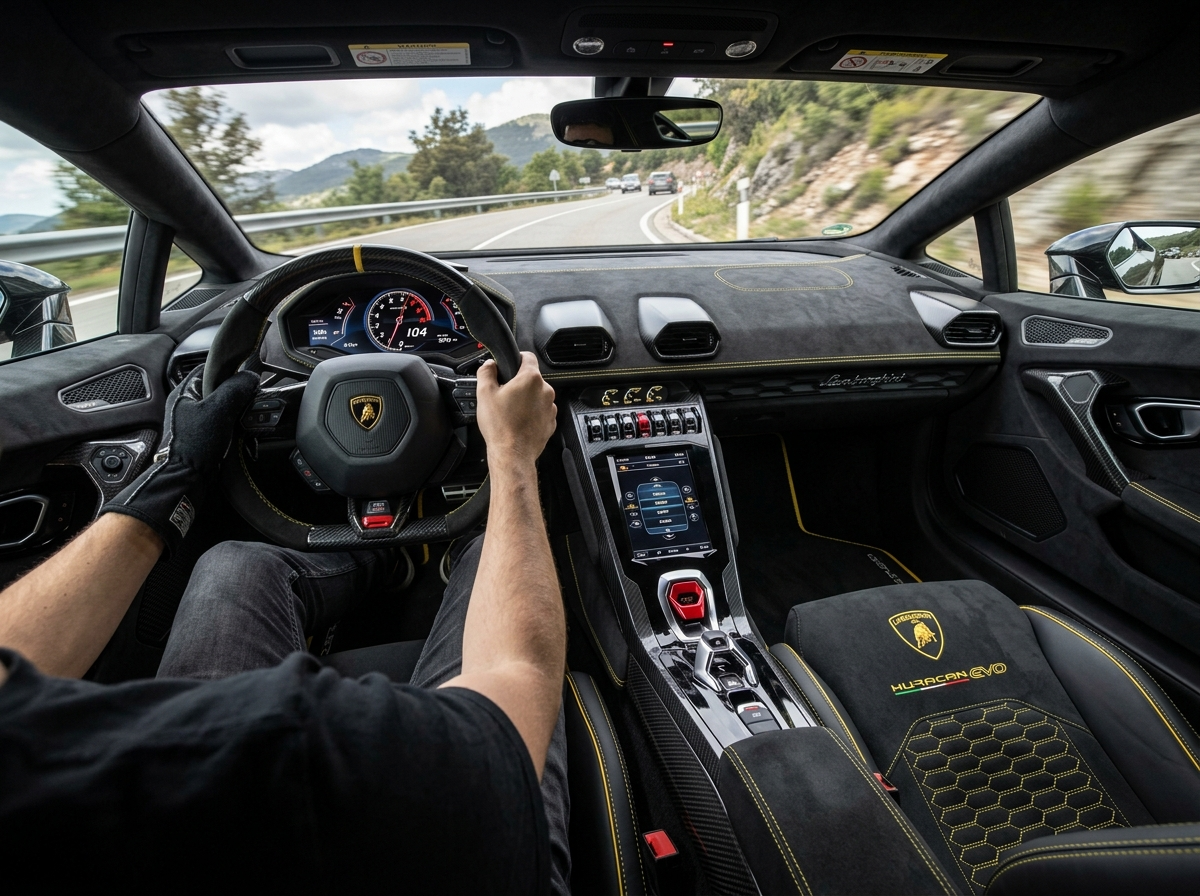 2021 Lamborghini Huracan EVO interior cockpit view with yellow stitching and carbon fiber trim