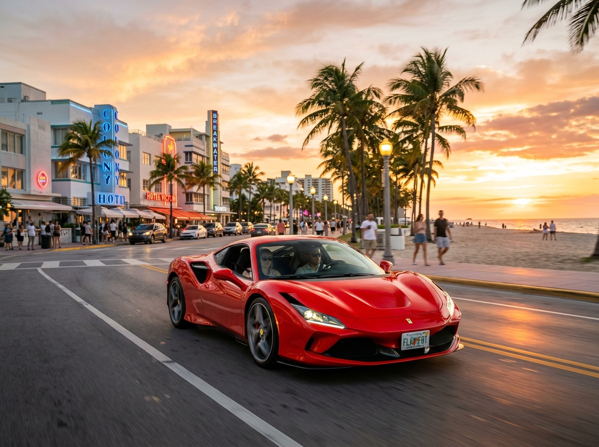 2024 Ferrari F8 Tributo in Rosso Corsa red driving along Miami Ocean Drive at golden hour