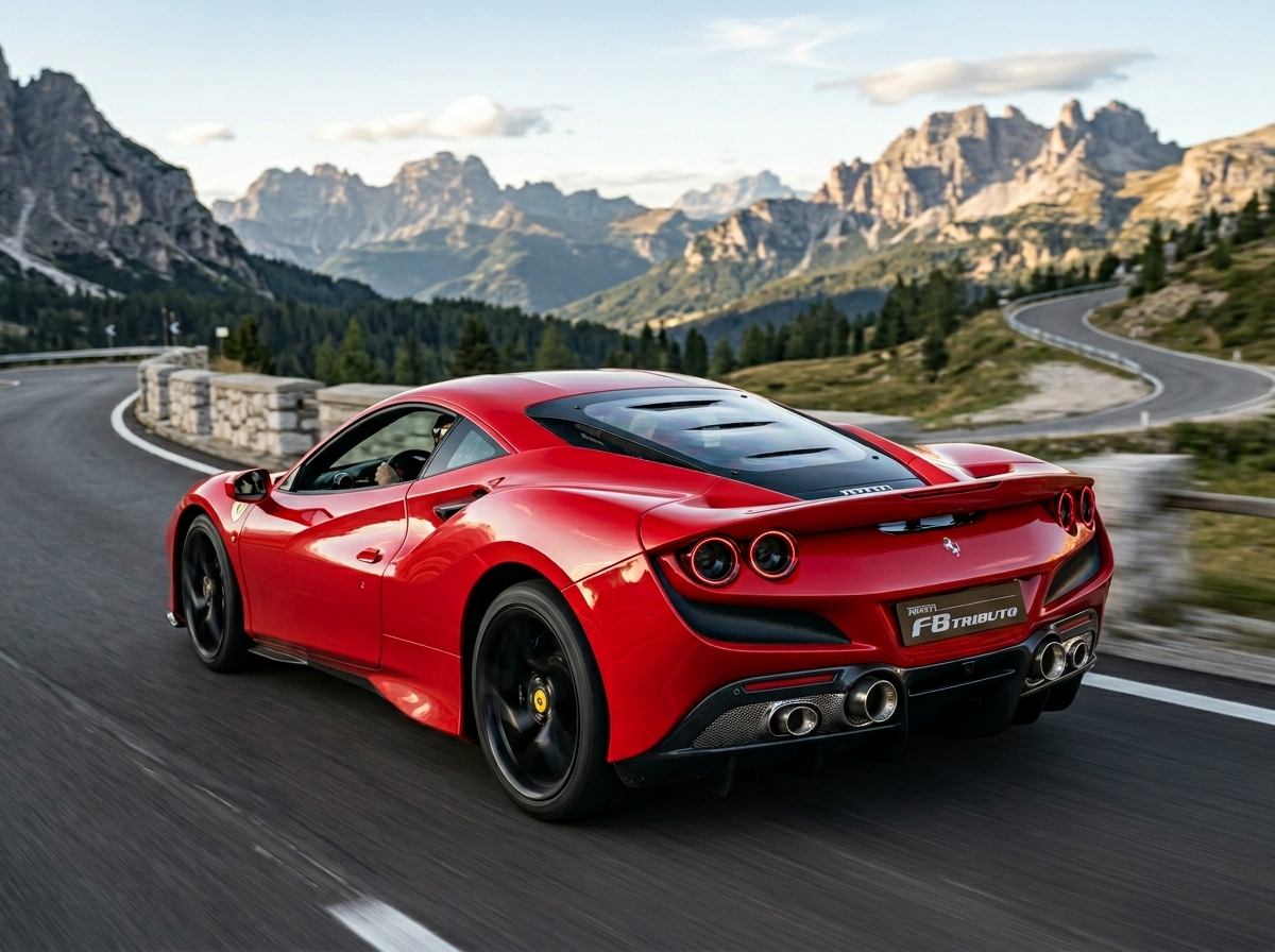 2024 Ferrari F8 Tributo rear three-quarter view showing quad exhaust and diffuser