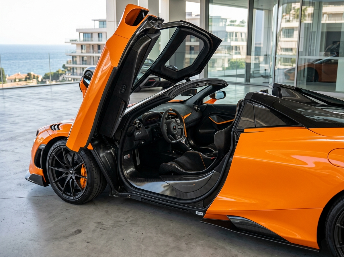 2021 McLaren 720S Spider dihedral butterfly door open showing carbon fiber interior
