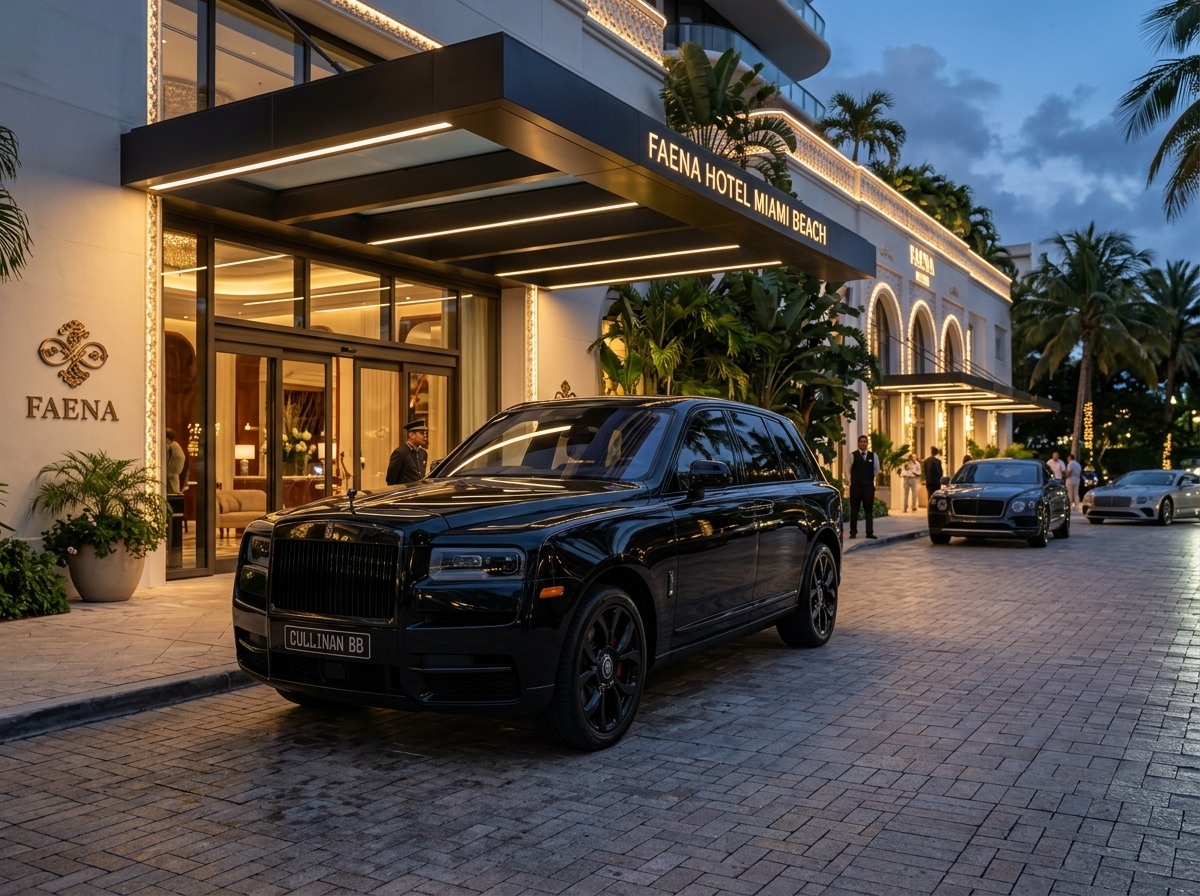2022 Rolls-Royce Cullinan Black Badge ultra luxury SUV in midnight black parked at Miami Beach hotel entrance