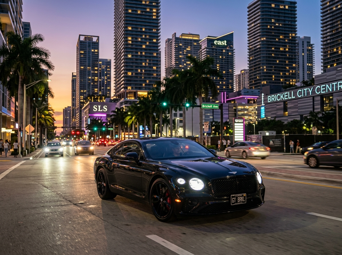 2022 Bentley Continental GT in Beluga black grand tourer cruising Brickell avenue Miami at dusk