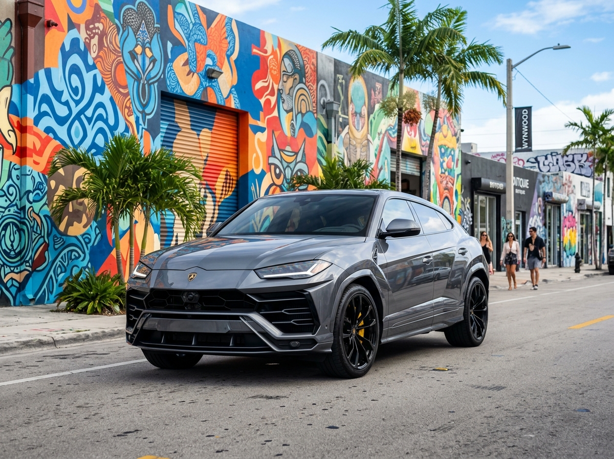 2025 Lamborghini Urus SE luxury performance SUV in Grigio Lynx grey at Miami Wynwood arts district