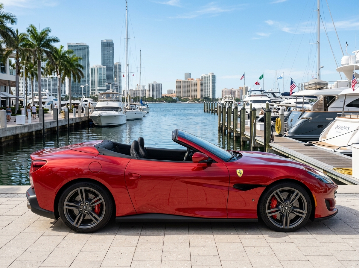 2023 Ferrari Portofino M retractable hardtop open side profile view at Miami marina