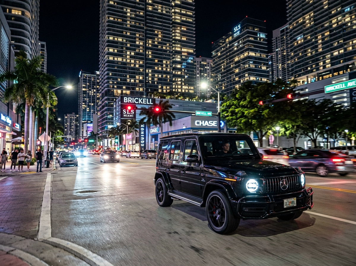 2024 Mercedes-Benz G63 AMG luxury SUV in obsidian black on Miami Brickell avenue night scene