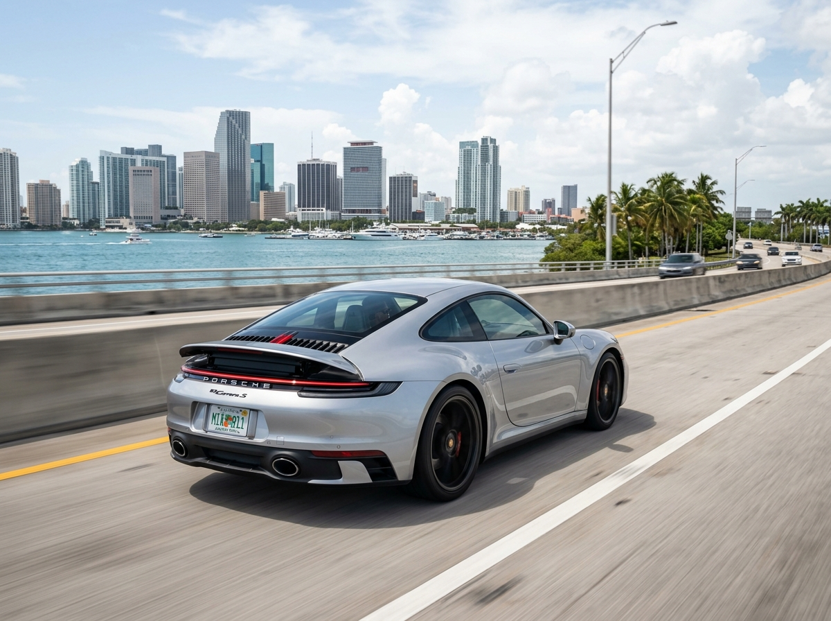 2026 Porsche 911 Carrera S in GT Silver Metallic sports car on Rickenbacker Causeway Miami