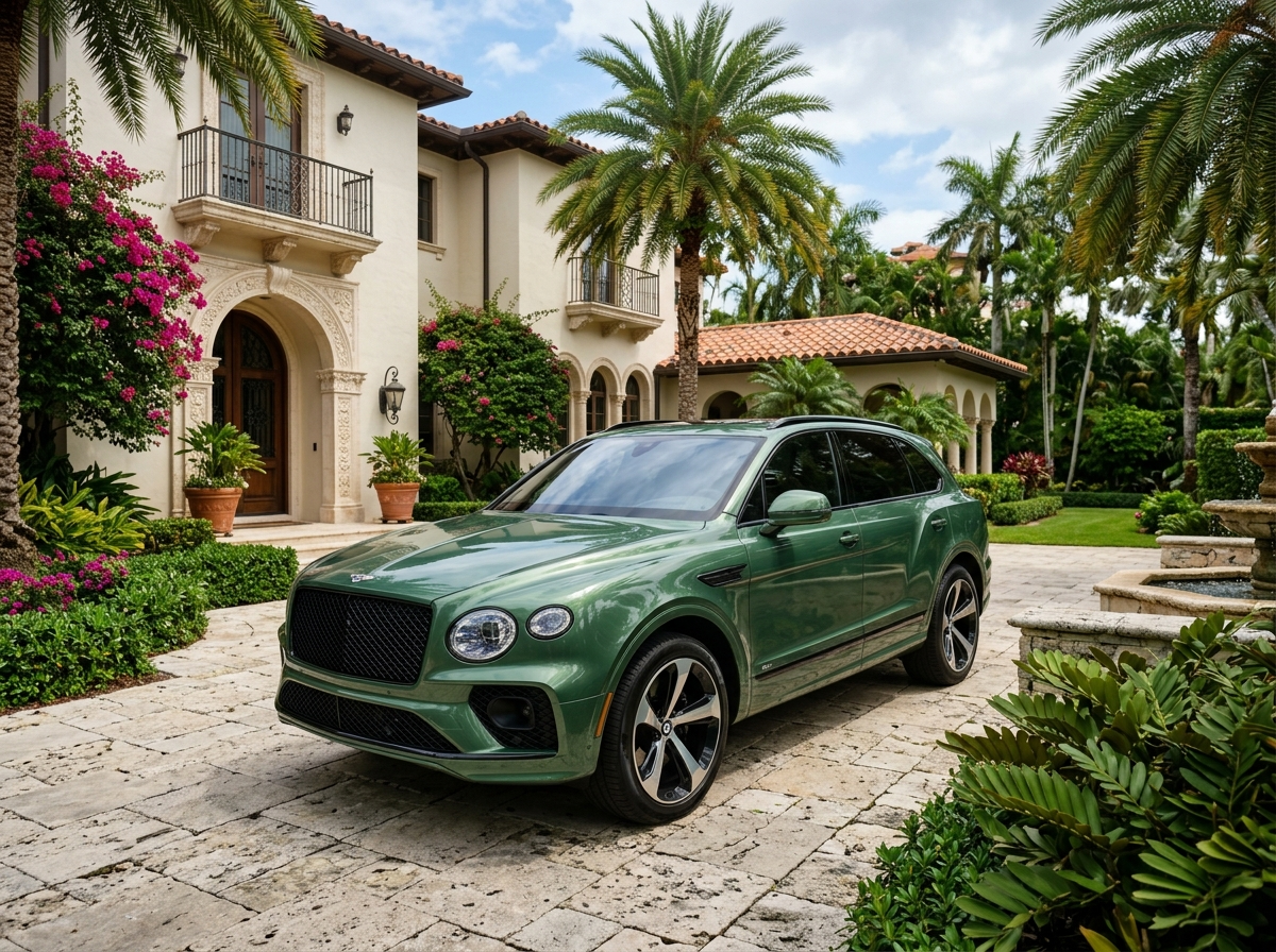 2023 Bentley Bentayga luxury SUV in Verdant green metallic parked at Coral Gables private estate