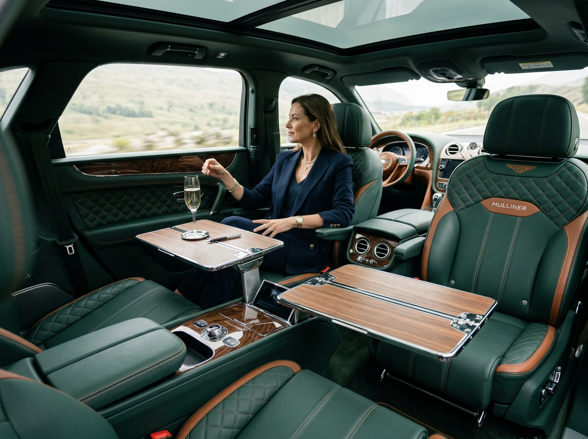 2023 Bentley Bentayga rear lounge seats and fold-out picnic tables Mulliner bespoke interior