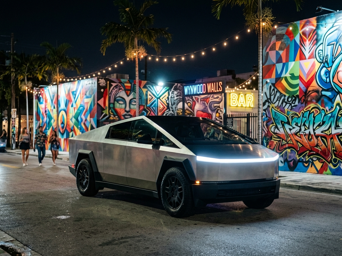 2024 Tesla Cybertruck AWD stainless steel electric truck parked at Miami Wynwood murals night scene